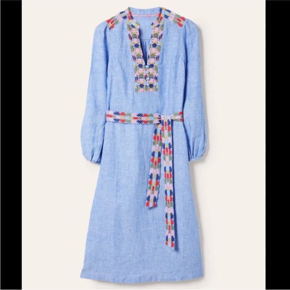 Boden Leonie Embroidered Long Sleeve Linen caftan in blue - Picture 2 of 15